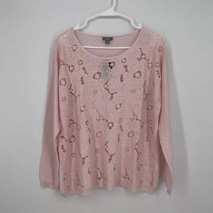 NWT J Jill Womens Sweater Size S Small Pink Linen Blend Soft Floral Cut Out